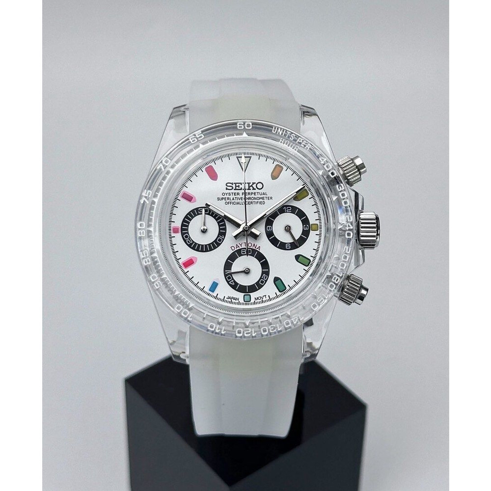 Custom Seiko Mod White Rainbow Clear Daytona Quartz Chronograph 39.5mm E S Watches